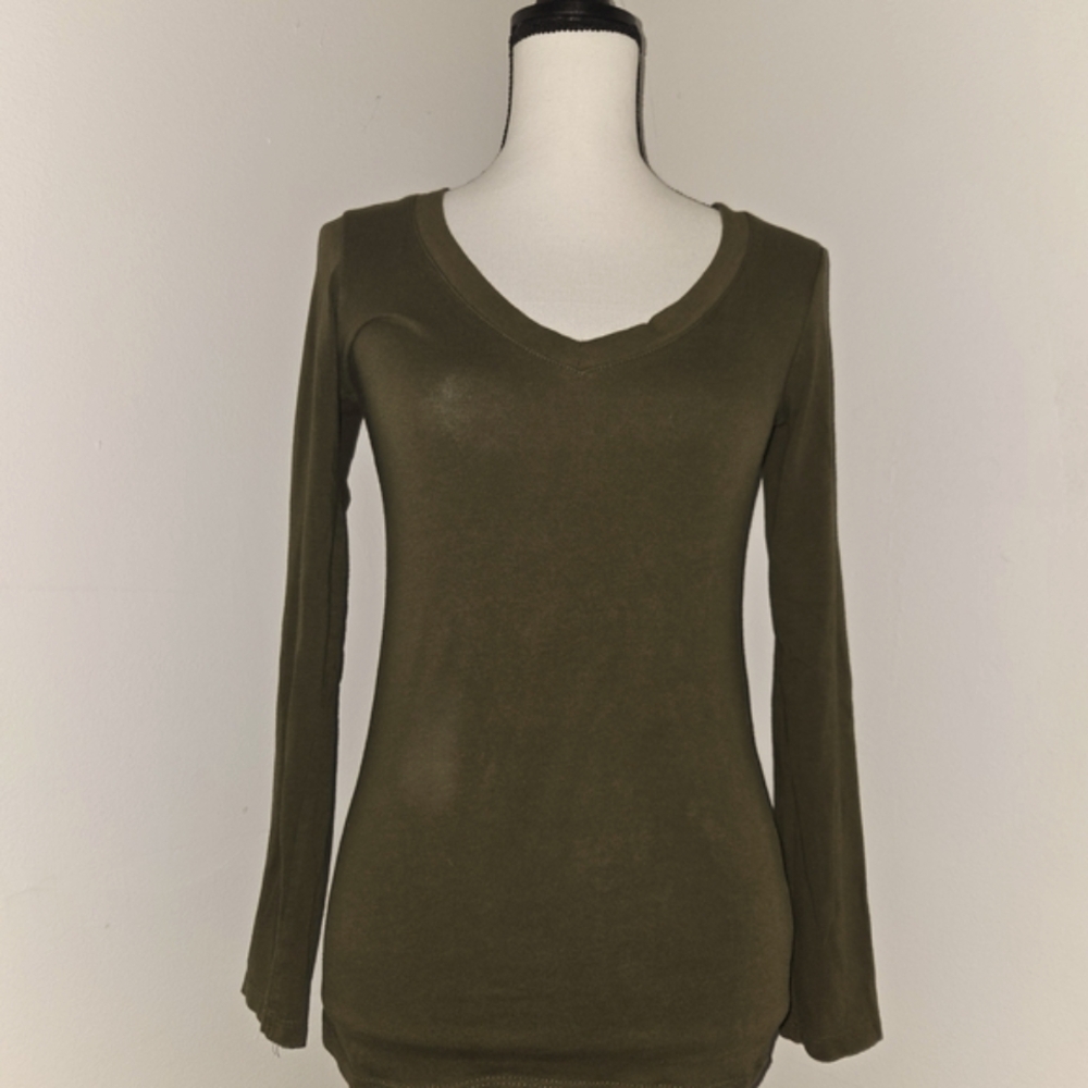 Green Fitted Ribbed Long Sleeve Blouse